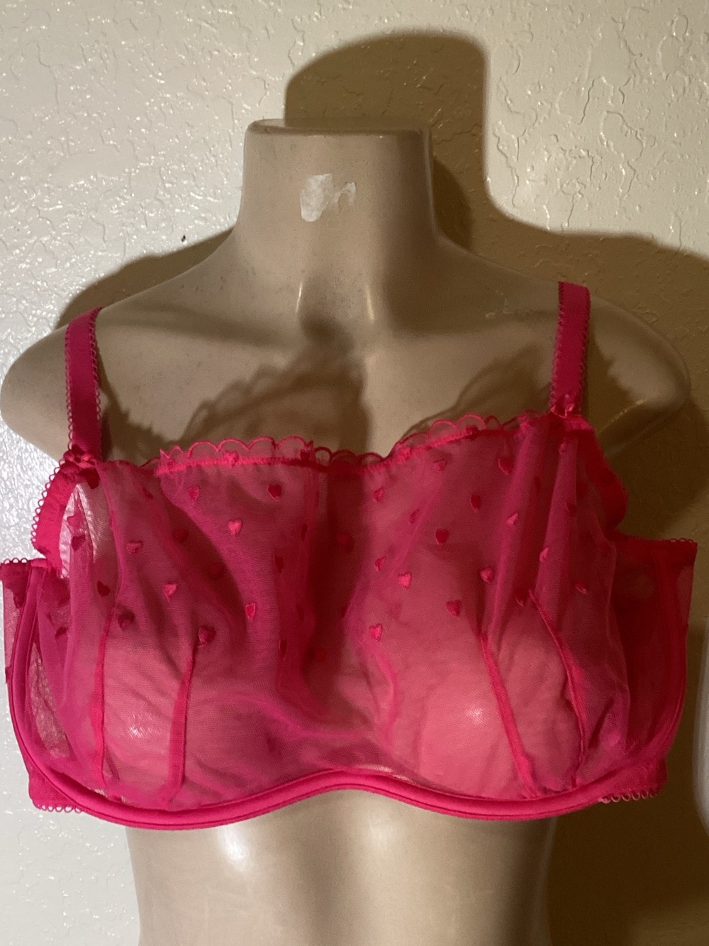 PINK Victoria's Secret Hot Pink Sheer Heart-Embroidered Balconette Bra